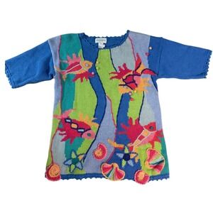 Tanner Nautical Fish Shells Knit Sweater Top Blue Multi Color Women's M